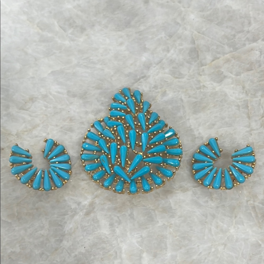 Turquoise and Gold Jewelry Set BROOCH and EARRINGS